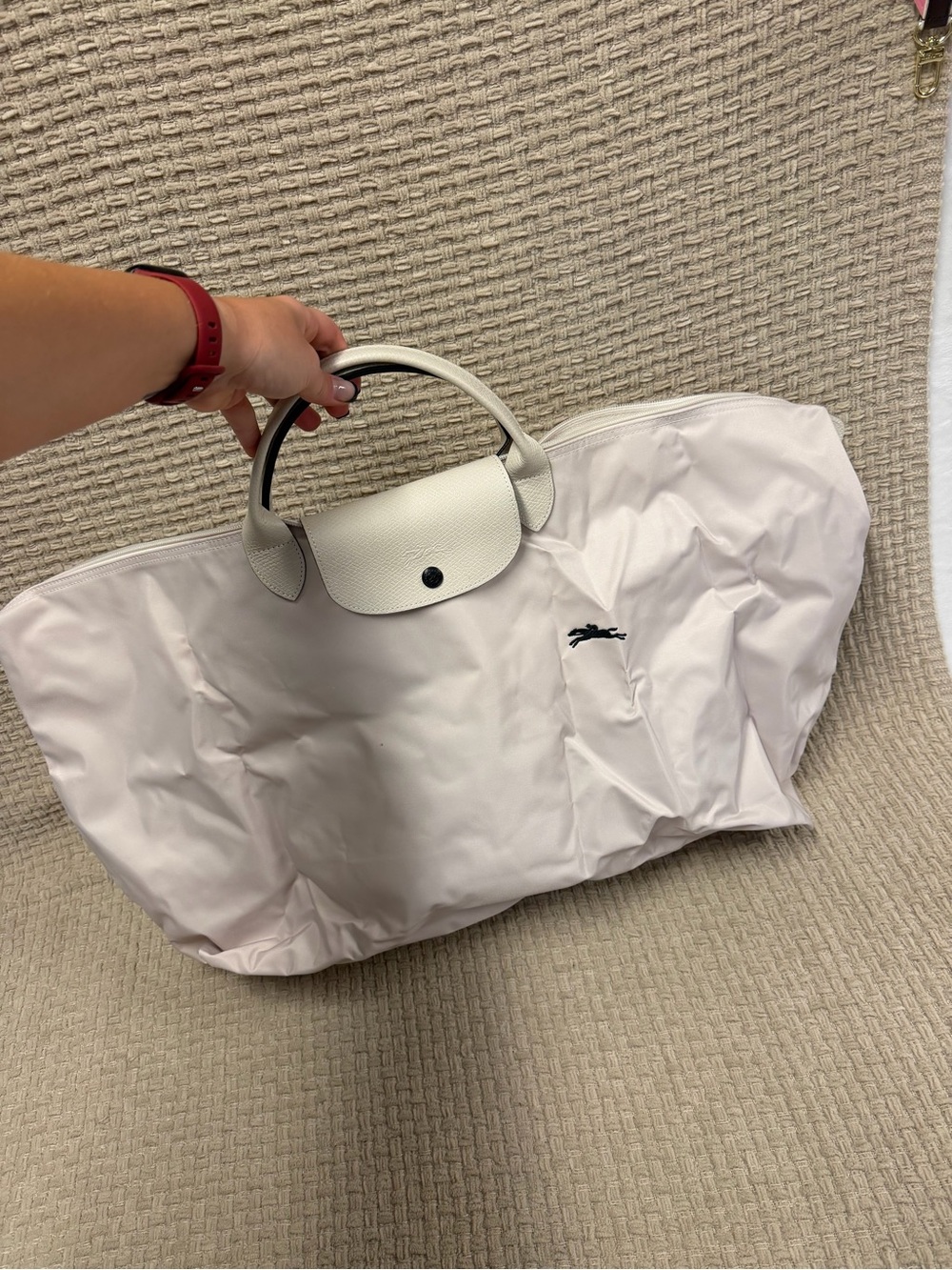 Longchamp White Nylon Tote with Cream Leather Handles